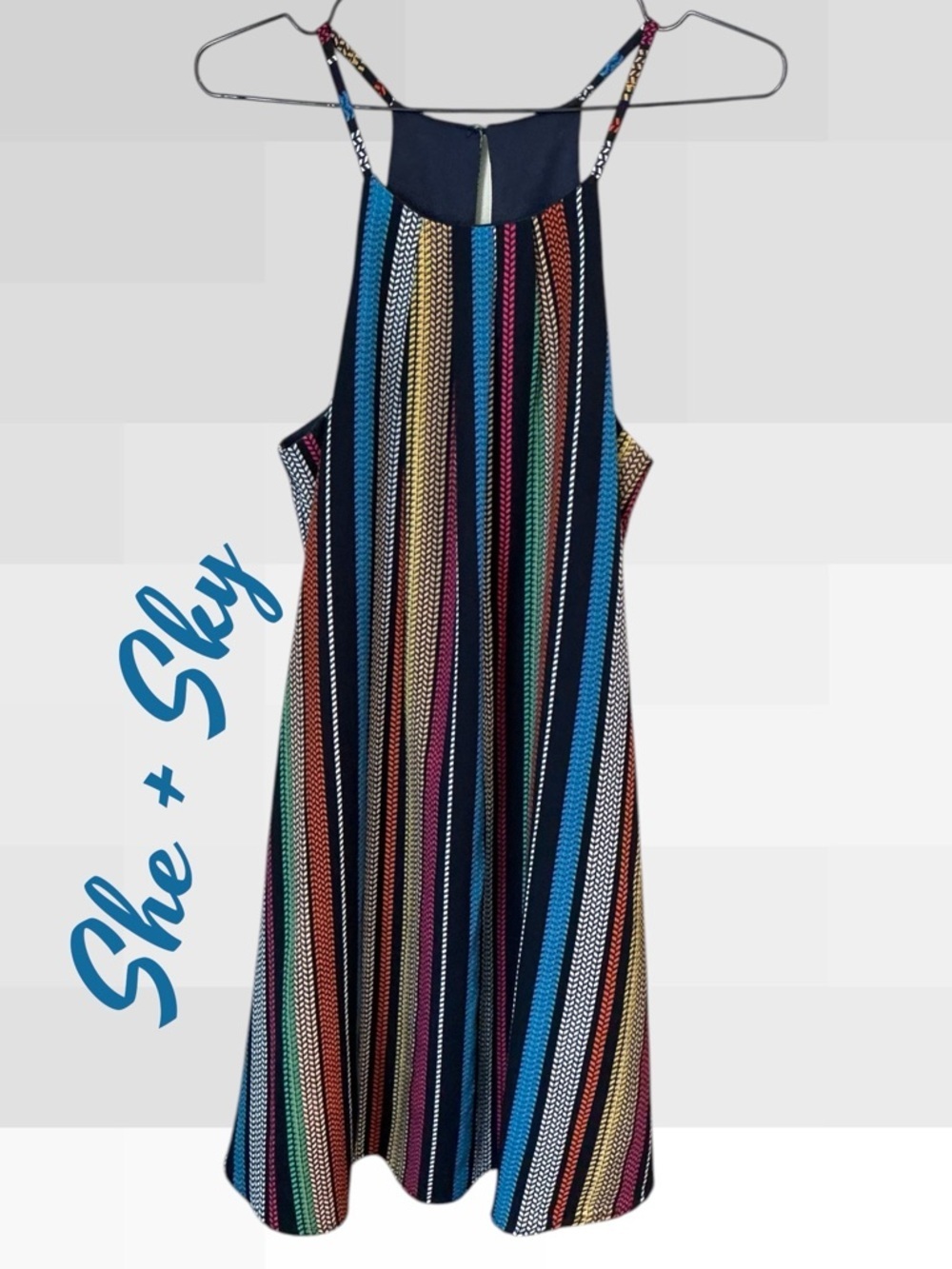 🌺She + Sky Navy Multicolor Vertical Stripe Halter Mini Dress